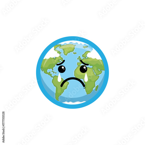 Sad Earth globe character, crying with tears, symbolizing environmental problems and global warming.