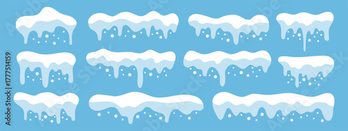 Set of cartoon snow caps and icicles. Set of various frozen snow and ice elements, perfect for decorating text box, or frames for a winter theme