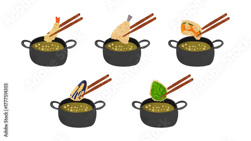 揚げ物鍋と海老天ぷら・きす天ぷら・かぼちゃ天ぷら・なす天ぷら・大葉天ぷら　水彩風手描きベクターイラスト