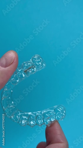 The doctor holds in his hand transparent aligners plastic braces retainers for straightening teeth on a blue background