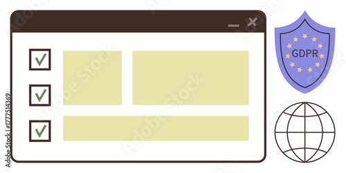 Browser window with a checklist, purple GDPR shield, and globe icon emphasizing data privacy, security, regulations, and global digital compliance. Ideal for policy, tech, legal internet