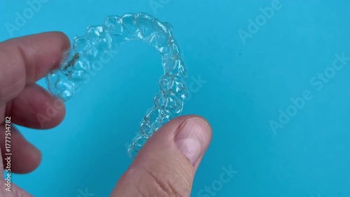 The doctor holds in his hand transparent aligners plastic braces retainers for straightening teeth on a blue background