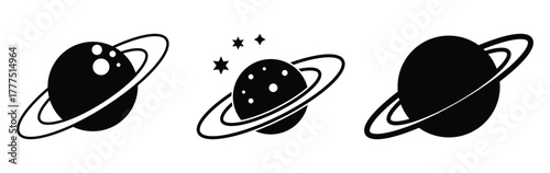 Minimalist black and white planet illustrations with rings and stars, stylized Saturn-inspired celestial icons for space-themed design