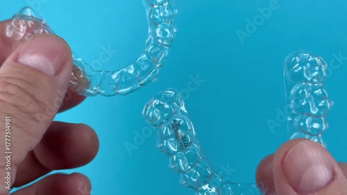 The doctor holds in his hand transparent aligners plastic braces retainers for straightening teeth on a blue background