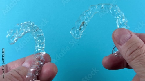 The doctor holds in his hand transparent aligners plastic braces retainers for straightening teeth on a blue background