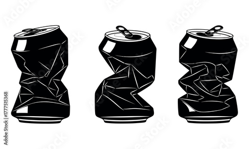 Grid of crushed soda can silhouettes isolated on white background