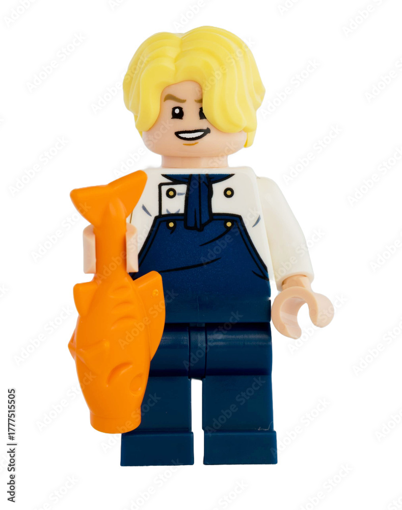 Obraz premium Dortmund - Deutschland 4. November 2025 - Lego Figur Sanji mit Latzhose blickt böse der Serie One Piece - Studio Aufnahme