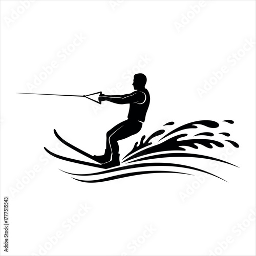Minimalist black silhouette of a water skier in motion isolated on white background