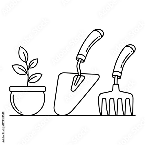 Line illustration of a gardening trowel with a flat blade isolated on white background