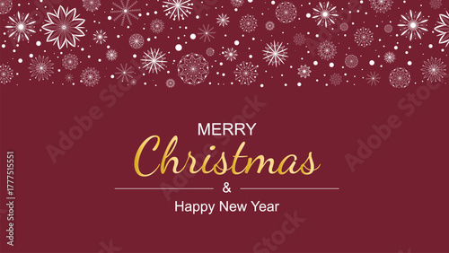 Merry Christmas and New Year banner. Festive horizontal layout with greeting text and snowflakes. Red festive template with gold decor, vector graphics