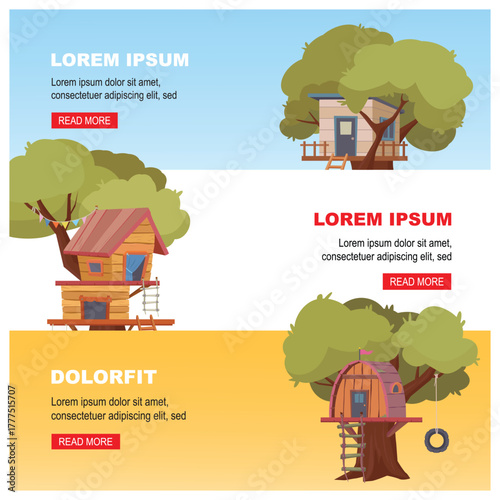 tree houses. wooden treehouse for kids, fantasy buildings with ladders, outdoor activity banners. vector cartoon banners.