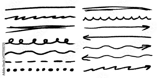 Hand drawn crayon arrows with chalk swirls, messy sketch underlines, scribble direction marks and vintage grunge texture.