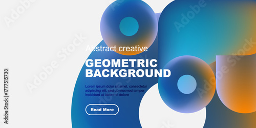 Abstract geometric design features vibrant overlapping circles, text, button. Modern aesthetic with gradient colors, black background.