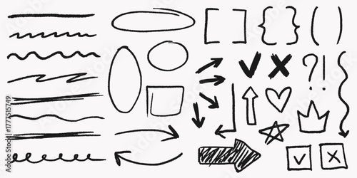 Scribbles and scrawls with rough grain, funky crowns and stars, curly pencil lines, abstract shapes, chaotic doodles, playful strokes and gritty texture.