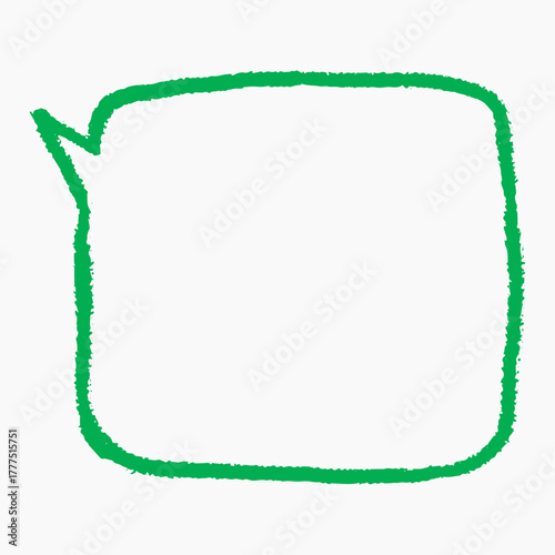 Hand drawn crayon speech bubble with scribbled outlines in green. Rounded shape with visible sketch strokes. Text box chalkboard, space for text.