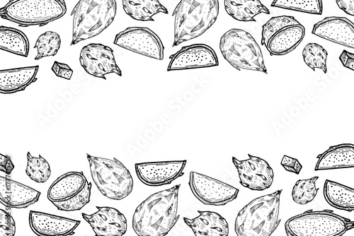 Outline Hand drawn dragon fruit frame with empty space for text. Food background with tropical whole and sliced fruit. Ink drawing pitaya horizontal frame for packaging design, fabric, textile.