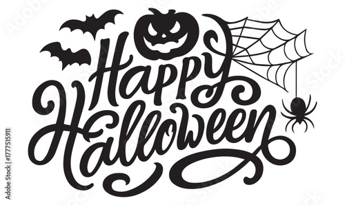 Halloween Typography Silhouette – Pumpkin, Bat, and Spider Vector for Festive Greeting Designs