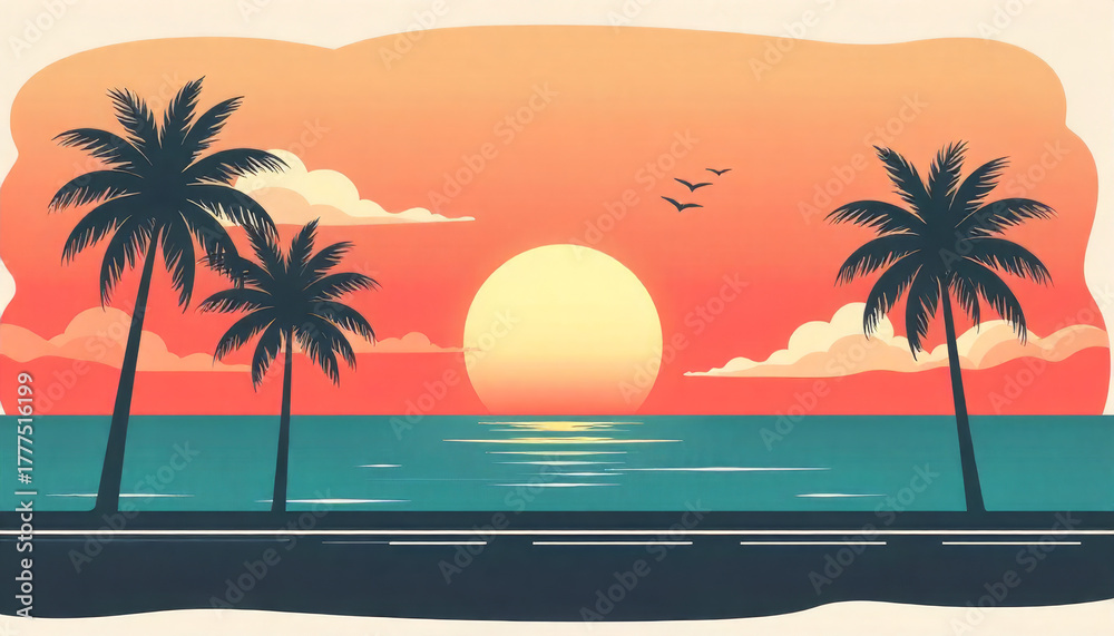 Obraz premium Serene Sunset Scene Palm Trees Silhouetted Against a Vibrant Orange Sky Over Calm Ocean Waters