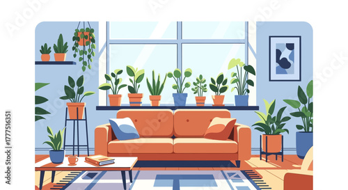Cozy living room with an orange sofa and numerous potted plants by a large window.