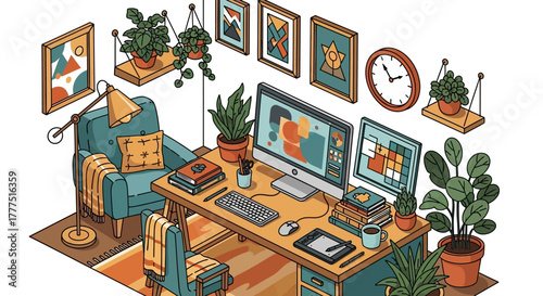 Cozy Home Office Setup with Dual Monitors and Creative Workspace.