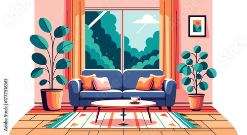 Cozy living room interior with comfortable sofa and potted plants.