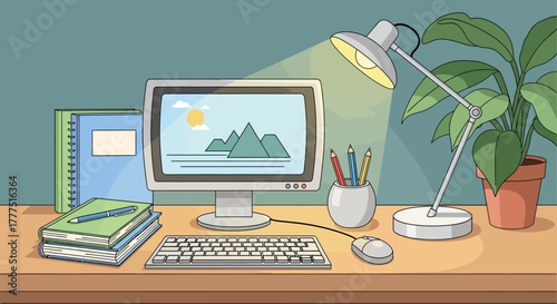 Cozy and productive workspace with computer, books, and desk lamp.