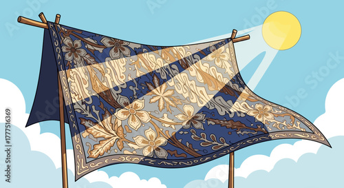 Decorative fabric with floral patterns hanging under the sun.