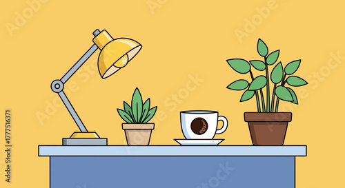 Desk lamp, potted plants, and coffee cup on a table.