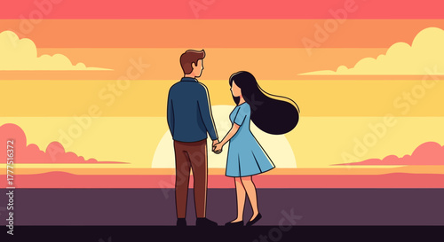 Couple holding hands watching sunset together romantic evening.