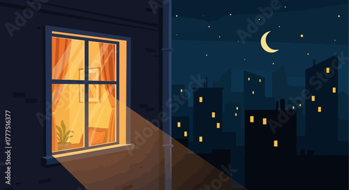 Cozy illuminated window at night in a city apartment building.