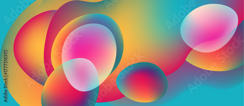 Vibrant overlapping circles create abstract colorful background. Smooth gradients blend pinks, yellows, blues, oranges. Modern design element.