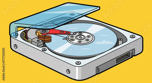 Detailed illustration of an open hard disk drive with visible internal components.