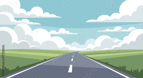 Empty asphalt road stretching into the horizon under a vast sky.