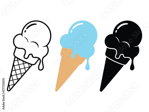 Three stylized ice cream cones are shown in different graphical styles.