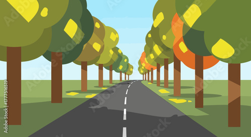 Empty road with trees on both sides, creating a natural tunnel effect.