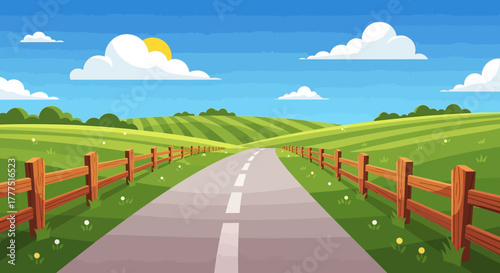 Empty asphalt road stretching through green fields on a sunny day.