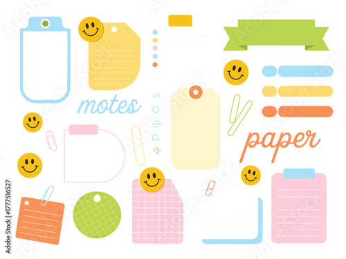 A collection of colorful sticky notes and paper snippets with smiley faces.