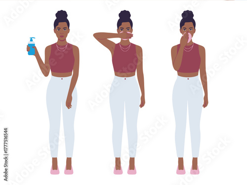 Woman demonstrating a three-step skincare routine on a white background.