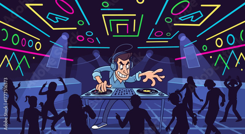 Energetic DJ mixing music at a vibrant nightclub party.