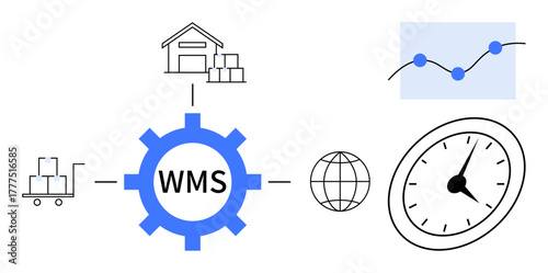 Warehouse gear at center linked to inventory, global logistics, clock, and trend chart. Ideal for supply chain, efficiency, time management, analytics e-commerce logistics automation. Simple flat