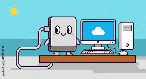 External Hard Drive Connected to Desktop Computer for Cloud Storage.