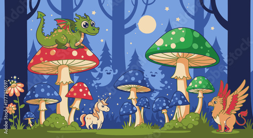 Fantasy creatures in a magical forest with giant mushrooms.