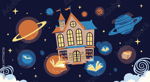 Fantasy Library Building Floating in Space with Planets and Books.