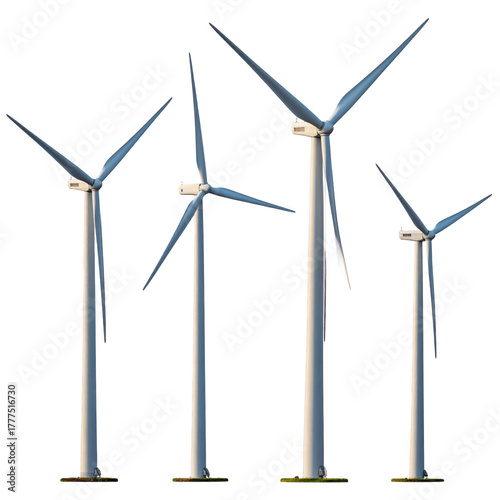 Wind energy, wind turbines, wind power station isolated on transparent background