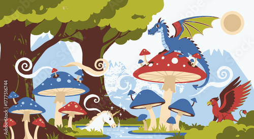 Fantasy forest with magical creatures and giant mushrooms.