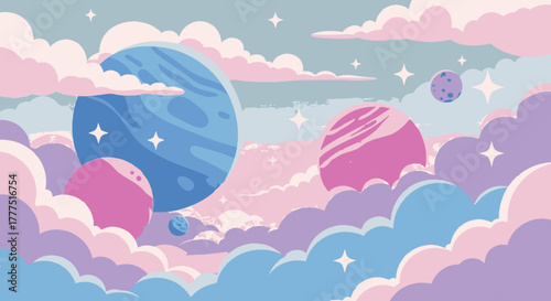 Fantasy Planets in a Dreamy Pastel Sky.