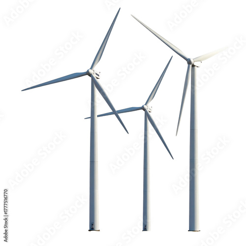 Wind energy, wind turbines, wind power station isolated on transparent background
