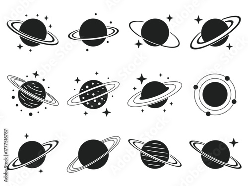 A collection of twelve stylized planet icons with rings and stars.