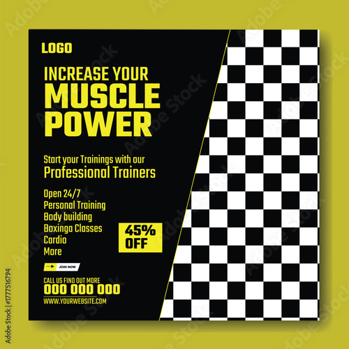 Muscular man holding dumbbell in fitness gym advertisement with green and white design and promotional offers.
Muscular man in gym with fitness promotion and discount offer for training services