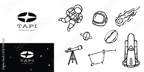 Logo and illustration set for coffee and cafe drink company with outer space galaxy concept modern minimalist fun design style, for element printing, shop, content, poster, and web